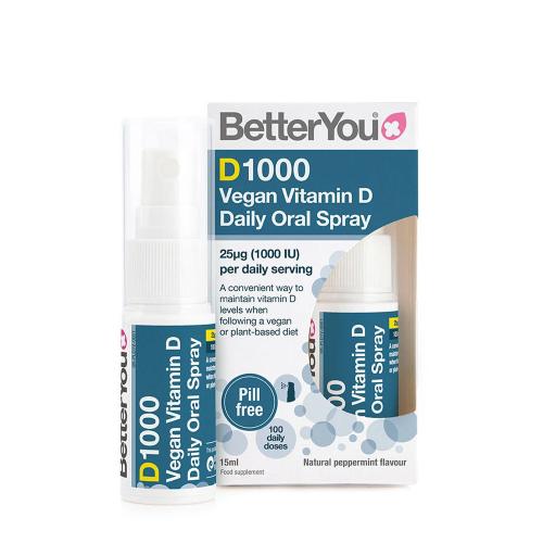 BetterYou Vegán D-vitamin 1000 NE Szájspray - Dlux 1000 Vegan Vitamin D Oral Spray  (15 ml, Természetes Borsmenta)